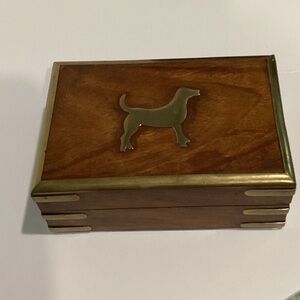 Vintage Foreside Wooden Trinket Box With Brass Dog Inlay and Accents